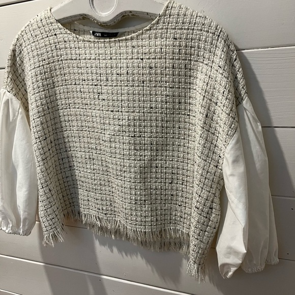 ZARA Bouclé Crop Top with 3/4 Balloon Sleeves – Size M - Picture 4 of 8